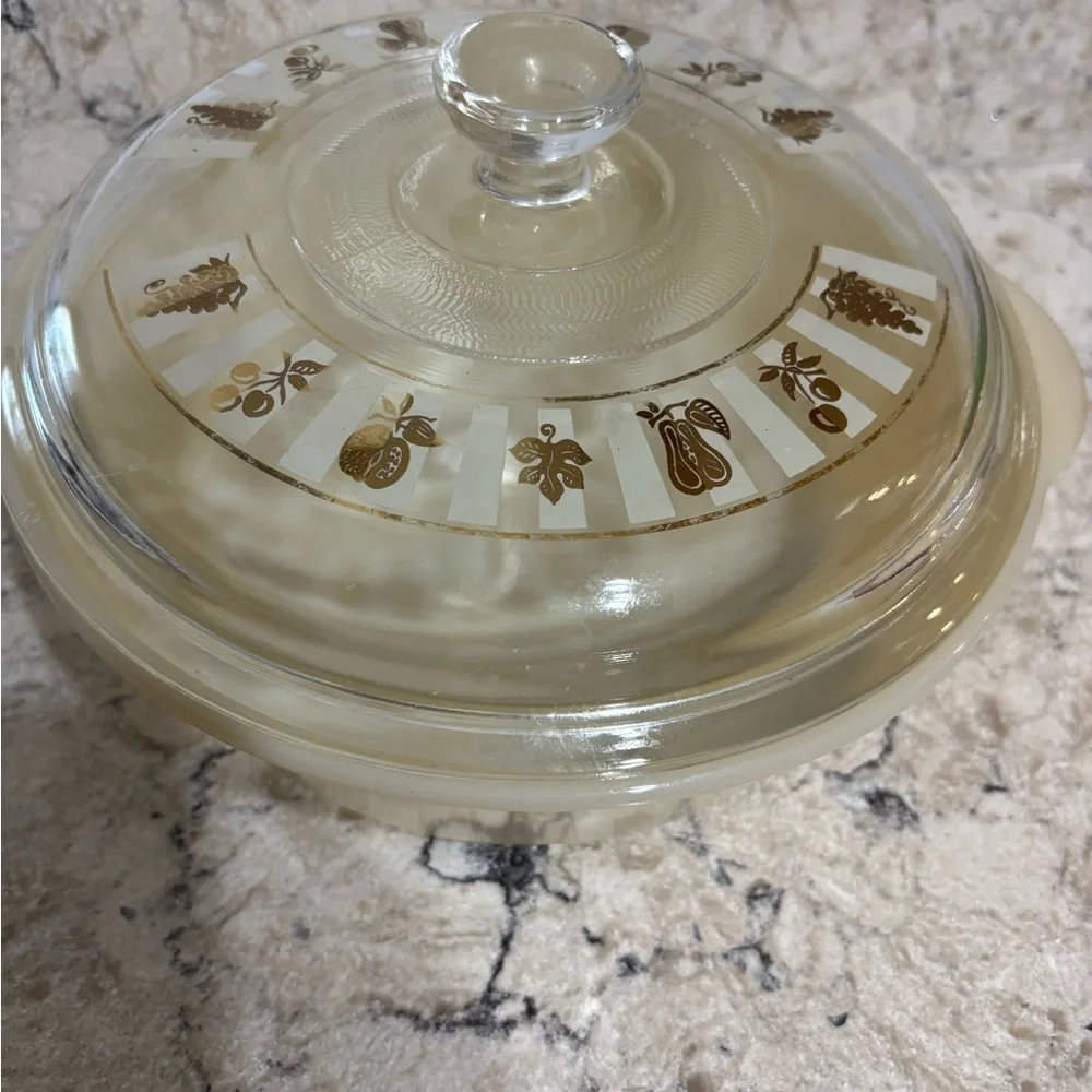 Fire King White Milk Glass Covered Dish with Gold Embossed Marking Lid Vintage